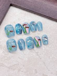 10PCS Blue Press On Nails Short Nails Ocean Shell Underwater World Summer Beach Essentials Nails Home DIY Nail Design Full Coverage Fake Nail Tips Artifical Fingernails For Women And Girls Manicure Supplies Office Daily Wear False Nails Purely Hand-Wear Nails Purely Hand-Wear Nails
