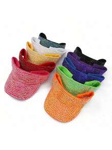 1pc Women/Men Bling Diamond Embellished Wide Brim Baseball Cap, High Quality Sunshade Hat, Lightweight Vacation Sun Protection Cap, Suitable For Daily Use - Solid Color - View 7