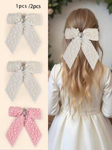 1pc/2pcs White Bow Hair Clips For Girls,Fabric Pearl Hair Bows,Fashion Hair Accessories For Girls Best Friend Bridal Gifts