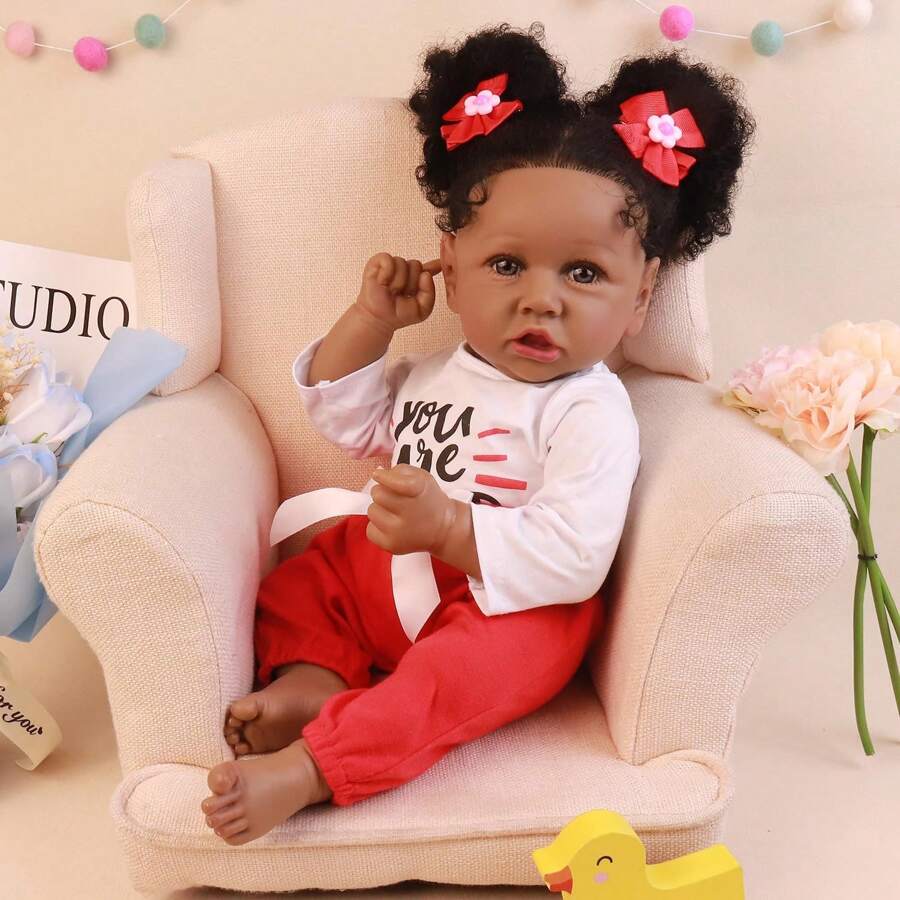 Realistic Reborn Baby Dolls With Soft Body African American Lifelike Girl Doll 22.8 Inch Best Birthday Gift Set
