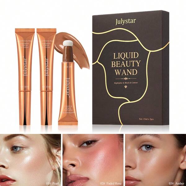 Julystar 3 Peças Blush líquido multifuncional de tubo dourado leve, de uso duplo para lábios e bochechas, iluminação e contorno, design inovador com cabeça de algodão