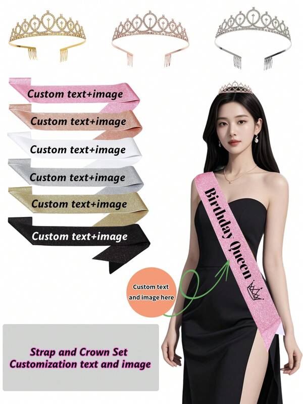Customized Birthday Party Shoulder Strap Text And Image, Fashionable Crown And Shoulder Strap Set, Birthday Queen Accessories