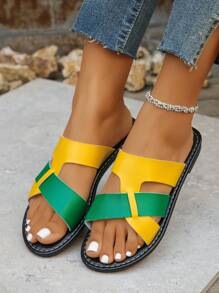 Wide Fit Women's Contrasting Color Sandals, Casual Open Toed Flat Shoes, Lightweight Beach Shoes