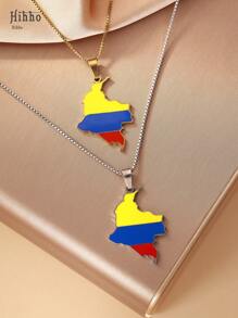 Hihho 1 pièce Collier pendentif en acier de titane avec carte de Colombie, collier avec chaîne en boîte plaqué or 18 carats, collier unisexe en acier inoxydable pour couple, convient pour un port quotidien, cadeau de vacances
