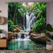 2pcs Tropical Waterfall Print Sheer Curtains, Elegant Style Semi-Transparent Polyester Curtains, Machine Washable, Rod Pocket Hanging, No Lining, Suitable For Living Room And Bedroom Decor