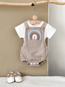 2pcs/Set Cute Rainbow Embroidered Short Sleeve T-Shirt + Bib Overall Romper Summer Outfit For Baby Boys