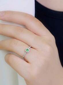 1pc S925 Sterling Silver Square Green Zirconia Elegant Retro Ring, Versatile For Women's Daily Wear, Holiday & Party Gift Jewelry