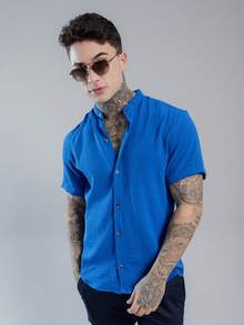 Men's Short Sleeve Shirt Elegant Casual Party Work - 霧霾藍 - 查看 1