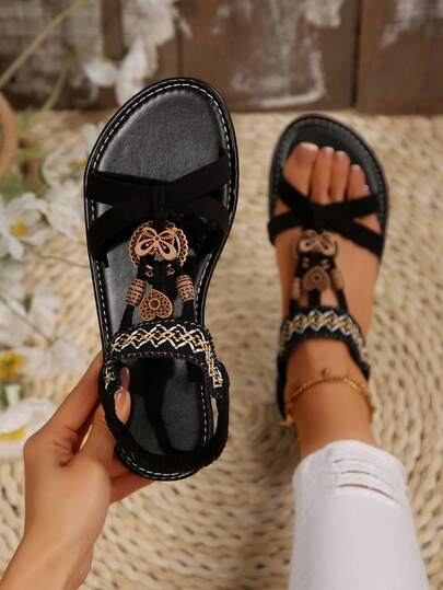 Women's Vintage Beaded Sandals, Flat Woven Casual Outdoor Slippers For Summer