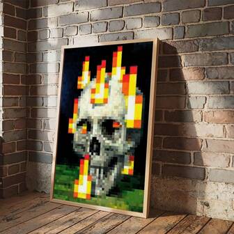 1 件/套抽象活力像素骷髅火焰帆布海报，艺术装饰风格，室内墙壁艺术，海报和印刷品，艺术品壁画，可作为礼物，卧室，办公室，客厅，咖啡厅，墙壁装饰，家庭和宿舍装饰，无框架，万圣节装饰家居装饰秋季装饰房间装饰