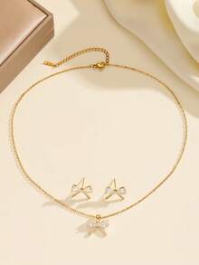1 Set Stainless Steel Hollow Butterfly Necklace & Earrings, Fully Paved Luxury Micro-Inlaid Personalized Banquet Jewelry Gift - Gold - View 4
