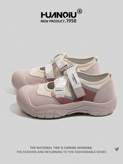 HUANQIU 2026 New Women's Shoes, A Pair Of Cute Shoes, Fashion Hook And Loop, Color-Blocking Design, Strap, Suitable For Home Office, Outdoor Activities, White Shoes, Versatile, Lightweight, Comfortable, Lace-Up White Sneakers, Soft-Soled Sneakers, Casual Shoes, Running Shoes, Hiking Shoes, Red And White Color Scheme, All-Season Shoes