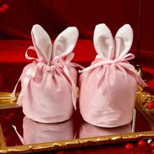 5pcs Velvet Tassel Drawstring Pouches With Cute Rabbit Ears, Wedding Candy Bags, Marriage Ceremony Favor Bags, Little Gift Bags With Ribbons