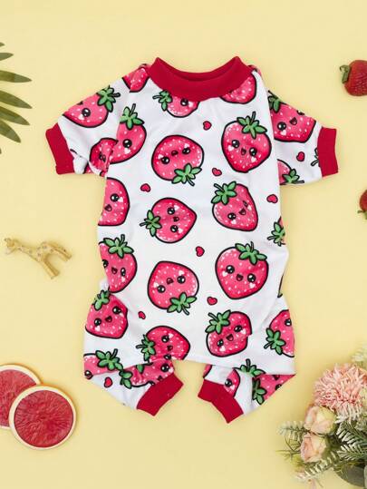 Pijama de uma peça com estampa de morango para animais de estimação, ajuste ajustável, adequado para cães pequenos e médios