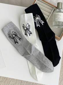 1 Pair Women's Korean Style Socks With Embroidered Bow & Pearl Decor, Fashion Sweet & Cute