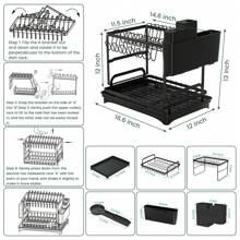 Rustproof Stainless Steel Dish Drying Rack, 2-Tier Large Dish Rack For Kitchen Countertops, Dish Rack With Drainer Plate, Dish Drainer With Utensil Holder And Cup Holder, Dish/Knife/Cup/Cutting Board, Black