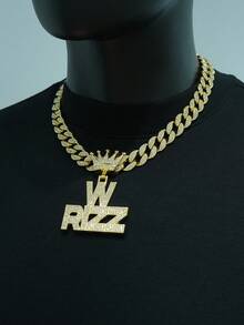 Funky Rizz Letter Pendant Necklace With Cuban Chain - Hip Hop Style Crown Clasp, Zinc Alloy & Rhinestone Accents For Men - W RIZZ Pendant Necklace - View 2