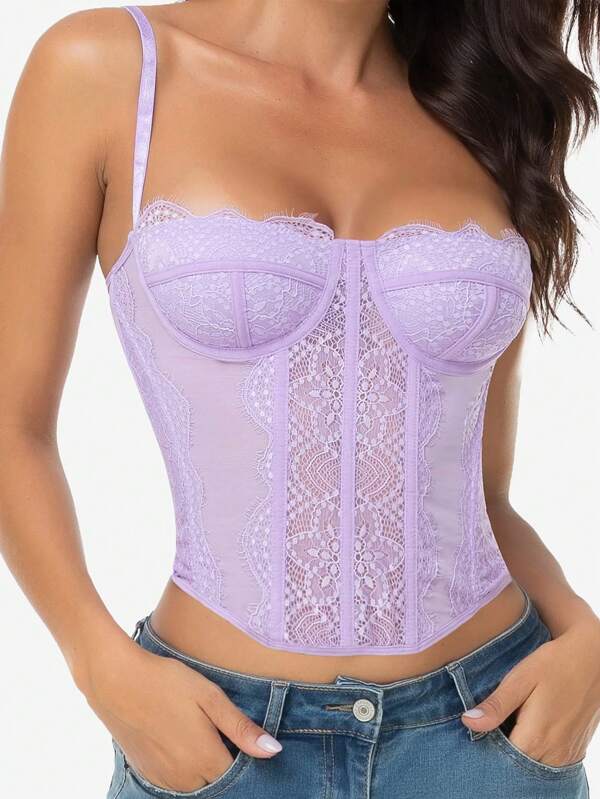 1 pieza Parte superior con corpiño para mujer para salir, top de fiesta con lentejuelas y malla, top con tirantes de espagueti para noche de citas