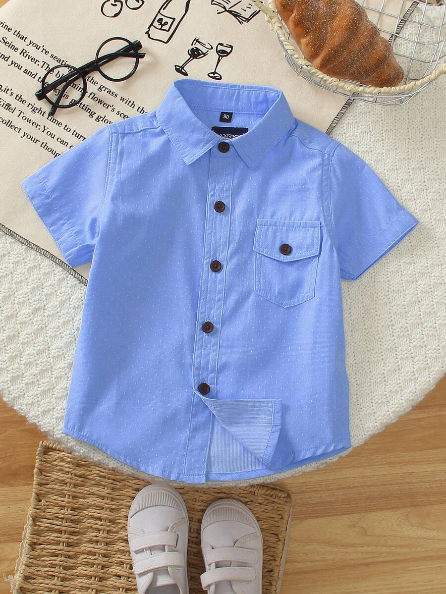 1 pieza Camisa con cuello con solapa y bolsillo con estampado de lunares azules para niños, apta para primavera/verano, playa, fiesta casual, fiesta de cumpleaños, para niño anfitrión - Azul - Ver 1