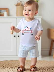 Little Boys 4th Of July Outfits Set Short Sleeve Stars T-Shirt And Plaid Shorts Kids Independence Day Clothes Set - White - View 3
