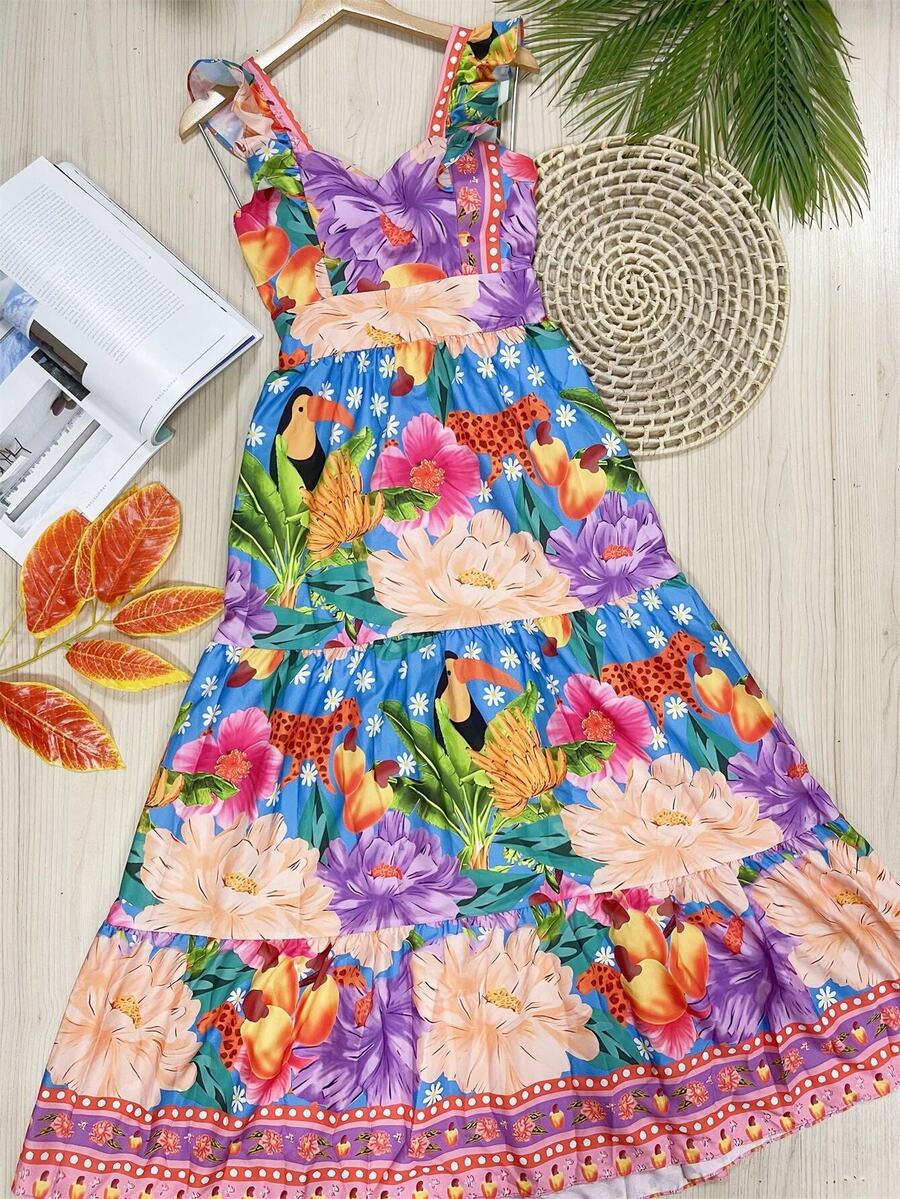 Long Dress PRINTED With Lining With Cup In Beautiful, Fashionable CREPINHO Fabric - Violet Purple - View 1