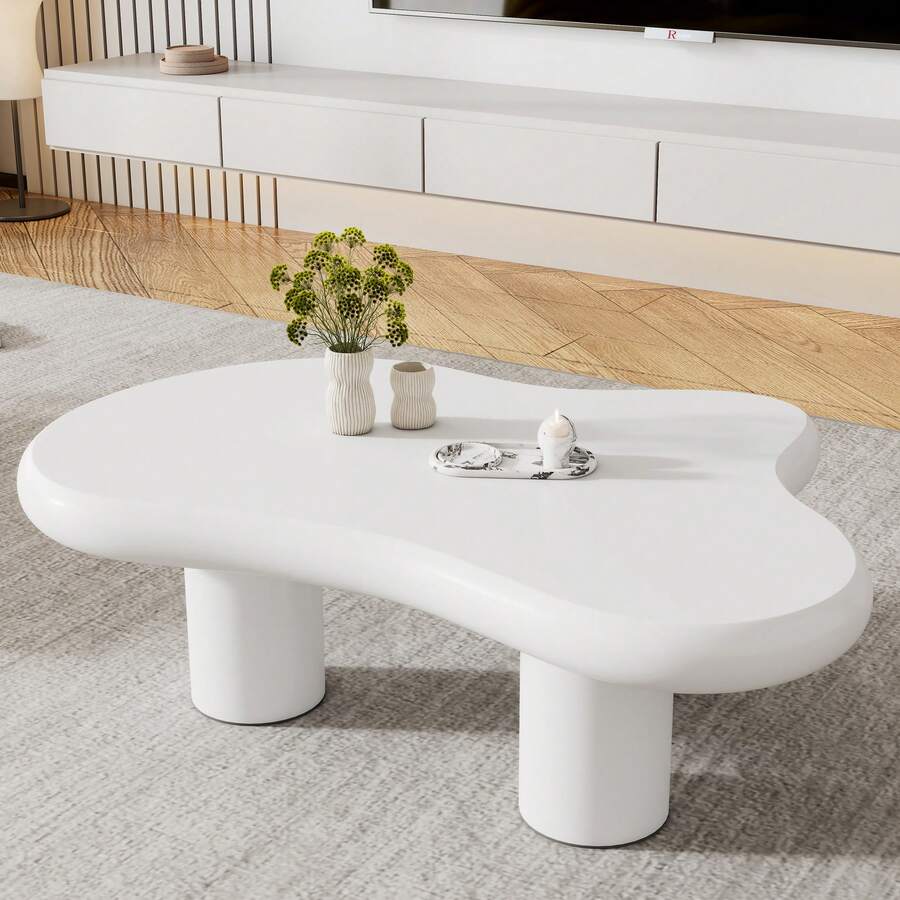 Table basse en forme de nuage (97 x 67 x 32 cm), table d'appoint originale en MDF laqué lisse avec patins en feutre, idéale pour le salon, le séjour ou l'espace de réception. - Blanc - Voir 1