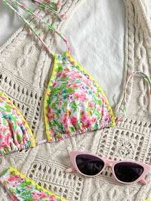 女士新款西式时尚沙滩度假休闲碎花露背比基尼两件套泳衣夏季 - 彩色 - 查看 3