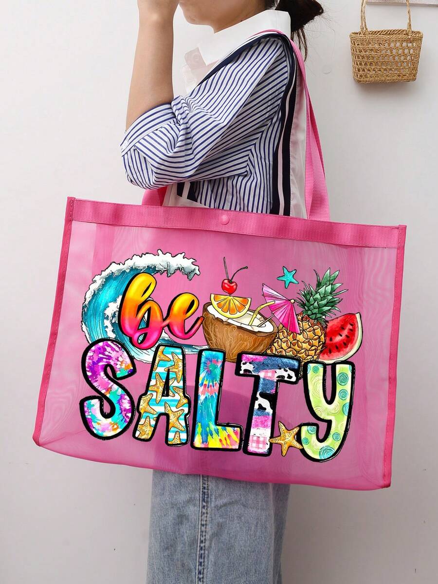 1PC Mesh Beach Bag Nylon Material Alphabet Printed Beach Mesh Tote Bag With Large Capacity,Use Tt Yourself Or Give Gifts To Others,Back To School Supplies Beach Bag ,Waterproof Backpack Vacation Bag For Friends,Mom,Teachers,Mother's Day Gift ,Summer Essentials ,Beach Essentials - Multicolor - View 1