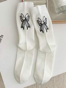 1 Pair Women's Korean Style Socks With Embroidered Bow & Pearl Decor, Fashion Sweet & Cute