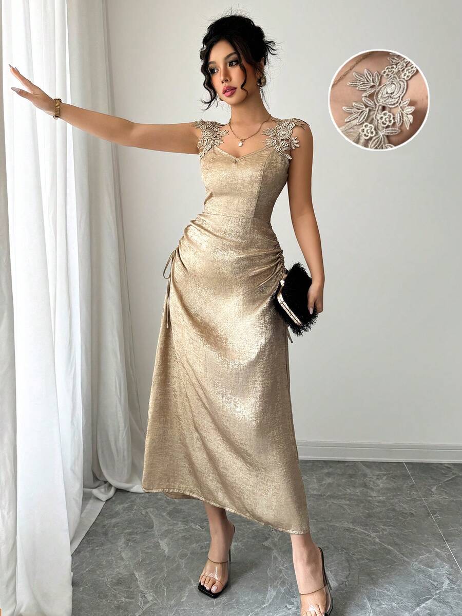 女士优雅蕾丝细节收腰A字不对称下摆长裙，适合度假、旅行、夏季穿着和情人节。 - 金色 - 查看 1