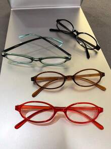 4 Stücke farbige kleine ovale Brillen ohne Sehstärke, modischer Dekorationsschmuck, geeignet zum Betrachten von Computern und Handy, Outdoor Make-up Dekoration, Brillen in verschiedenen Farben erhältlich (schwarze Brille, braune Brille, grüne Brille, rote Brille)