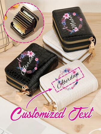 1pc Customized Name Double Zipper Wallet With Wreath Pattern, Credit Card Holder Wallet, Leather Wallet For Women, Travel Wallet With Zippers, Anti-Theft Zipper Wallet, Available In Black And White, Large Capacity Wallet, Suitable For Parties, Shopping, Travel, And Other Occasions, Can Be Given As A Gift On Any Occasion