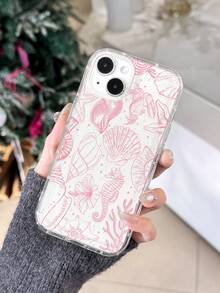 1 件简约线条艺术海洋元素花卉贝壳海星芙蓉花图案气囊防滑软手机壳适用于 11/12/13/14/15/16 Pro Max 防水防震防摔防刮 - 彩色 - 查看 4