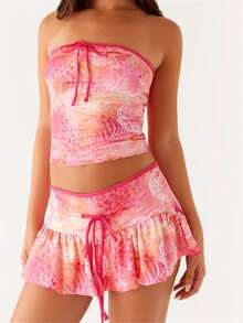 Womens Two Piece Summer Outfits Strapless Tie-Up Front Tube Tops And Mini Skirt Set Clubwear - Pink - View 3