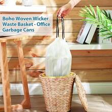 Wicker Small Trash Can With Lid And Plastic Insert 3 Gallon Round Rattan Waste Basket With 60 Pcs Drawstring Trash Bag Boho Woven Wicker Trash Basket Garbage Wastebasket With Lid For Bathroom - lightbrown - View 4