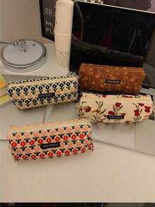 1pc Corduroy Pencil Bag Pen Case, Vintage Flower Grid Artistic Style Student Makeup Bag, High-Capacity & Unique Stationery Storage Bag Back To School,Back To School,School Supplies,Pencil Case,Pencil Pouch,School Bag - Bronze - View 9