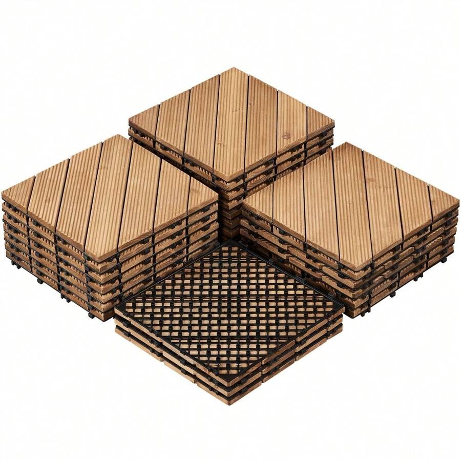 Costoffs 10/27PCS Waterproof Acacia Wood Interlocking Deck Tiles Wood Plastic Interlocking Flooring Tiles For Outdoor & Indoor/ Patio/ Garden, Wood - 木質-斜紋-27件 - 查看 1