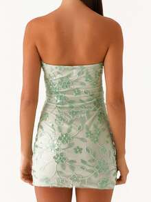 Sequin Beaded Floral Dress Sexy Women Strapless Tube Dress Y2K Off The Shoulder Mini Dress Sparkly Glitter Bodycon Short Dress Bandeau Dress Party Clubwear - 綠色 - 查看 2