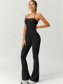 NcmRyu 1 件女式无缝弹力露背修身束腰提臀塑身性感运动连体裤，春夏塑身衣 - 黑色 - 查看 3