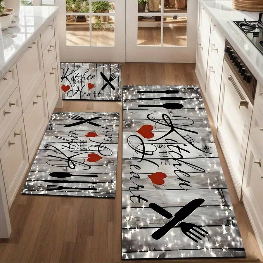 1pc Home Decor, Kitchen Mat With Cozy Tableware Pattern - Machine Washable, Easy To Clean Polyester Carpet, Dust-Proof, Suitable For High-Traffic Areas, Ideal Christmas Gift, Kitchen Floor Mat, Anti-Slip Diatomite Kitchen Rug - Grey - View 1