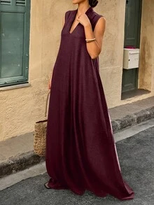 女士无袖纯色V领A字亚麻质感长连衣裙，夏季优雅款 - 酒紅色 - 查看 5