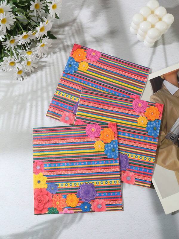 48pcs 33*33cm/12.99*12.99in Disposable Paper Napkins, Colorful Flower Pattern Mexican Theme, Suitable For Various Theme Parties And Daily Use