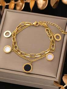 1pc Stainless Steel Double Layer Roman Shell Bracelet, Fashionable & Versatile, Won't Fade, Suitable For Daily Wear - Silver - View 10