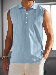 Mens Sleeveless Summer Shirts Beach Tank Tops Button Up Textured Tank Shirt For Vacation - Blue - View 6