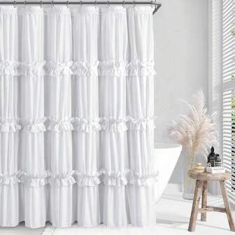 Elegante witte douchegordijn met ruches en franjes - 183 cm B x 183 cm H, puur polyester, machinewasbaar, artistiek patchworkontwerp met ringen voor eenvoudige installatie. Douchegordijnsets voor badkamers. Douchegordijn voor badkamers, kerst-/Halloweencadeaudecoratie. Badkamerdecoratie voor thuis. Herfstdecoratie. Badkameraccessoires. Terug naar school.