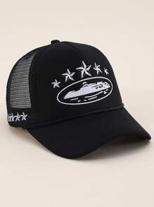 1pc Men's Five-Pointed Star Embroidery Trucker Cap, Fashion Baseball Hat With Sun Protection For Outdoor, Casual, Spring/Autumn Travel, Beach Vacation