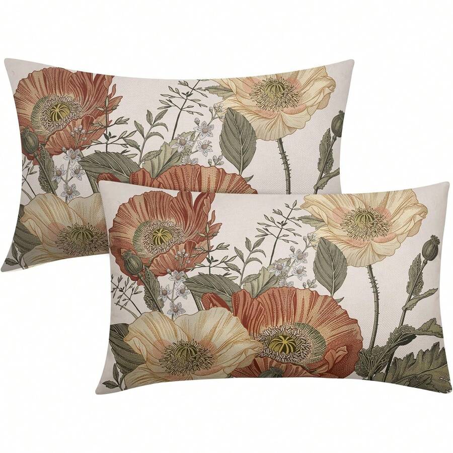 2pcs Vintage Floral Throw Pillow Covers, 12*20 Inch Rust Orange & Yellow Leaf Decorative Sofa Cushion Covers, Farmhouse Style Linen Pillow Shams For Living Room Outdoor Decor, Single-Sided, Inserts Not Included. - Multicolor - View 1