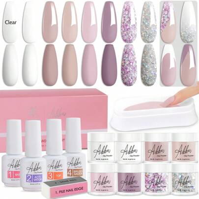 AIKKER Juego de polvo de inmersión para uñas esencial de 14 piezas: 8 colores coral nude rosado, base, top coat, activador y bandeja de reciclaje, lima de uñas, set de manicura francesa para uso diario en el hogar o salón, regalo para mujeres