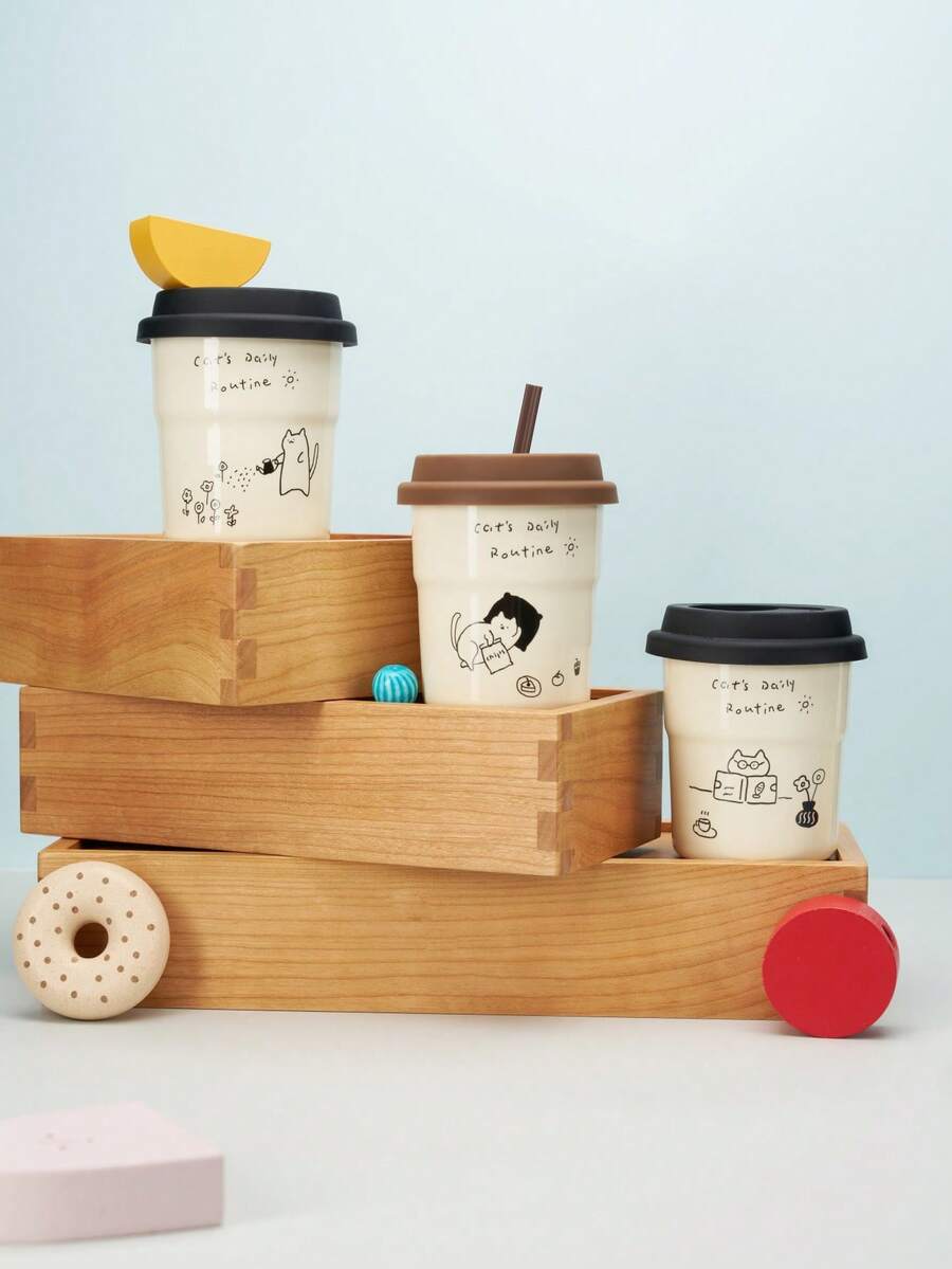 Joivida 1 件卡通猫陶瓷咖啡杯，带硅胶盖的办公室拿铁杯，防漏，适合办公室和家庭使用，可微波加热，最佳生日礼物，新年派对，拉玛餐桌装饰，母亲节礼物，厨房使用，圣诞节礼物，厨房用品，家庭用餐，派对使用，乔迁礼物，高端咖啡馆用品