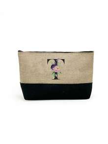 1set ,A Initial Flowers Pattern Tote Bag With Shoulder Straps&A Makeup Bag Initial Letters A-Z Set, Personalized Gift Bag With Side Pockets,Beach Bag With Scarf,Portable Leisure Storage Handbags, Multifunctional Shopping Bags, Travel Simple Storage Bag - Khaki - View 70